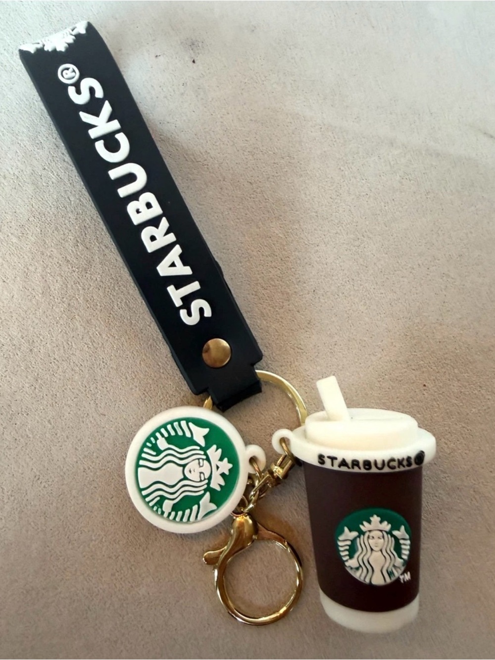 Starbucks Style Coffee Cup Silicone Keychain Bag Charm Gold Tone